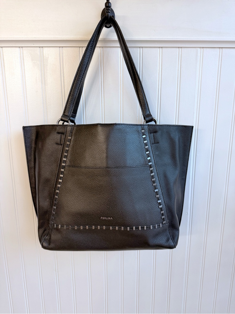 Perlina Black Pebble Leather Tote with Accent Stitching